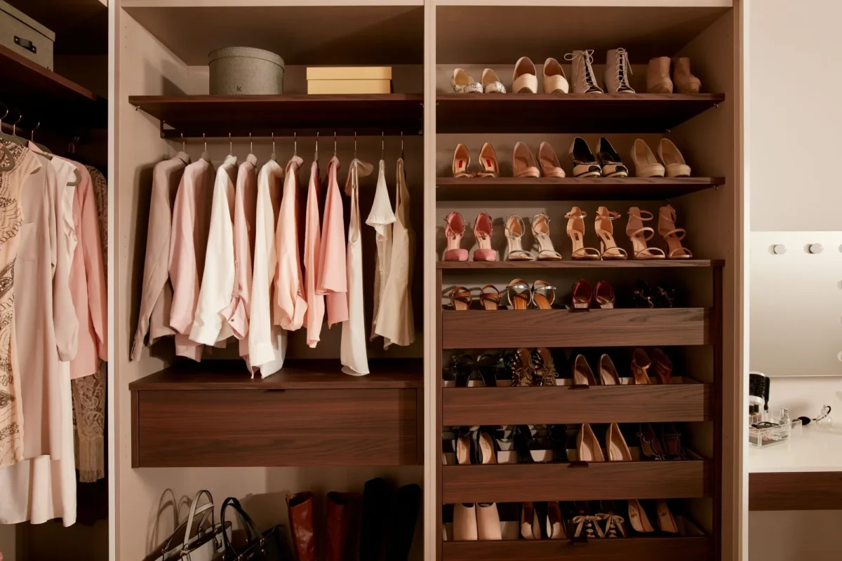 Wardrobe - Walk In wardrobe - Parity matt white and walnut close up